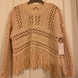 Free People OB920549 Higher Love Crochet Fringe Sweater Cream Size XS